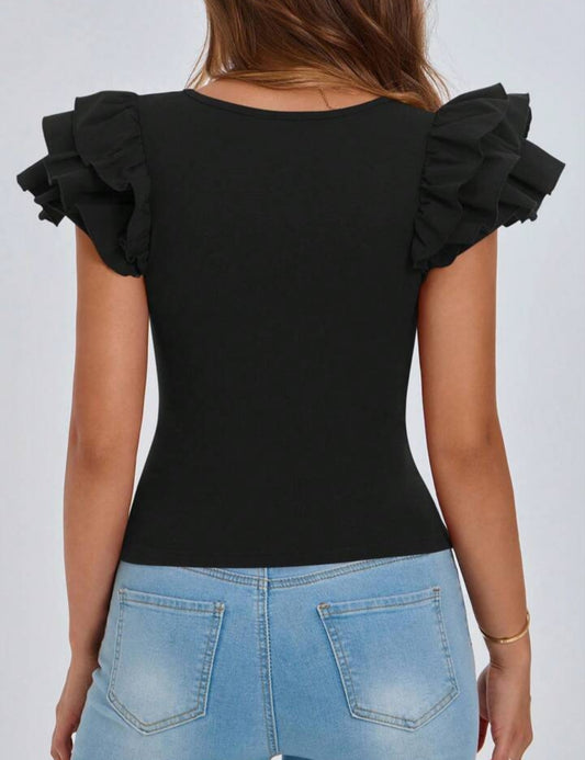 Chic Ruffle Cap Sleeve Slim Fit Blouse– Free Shipping