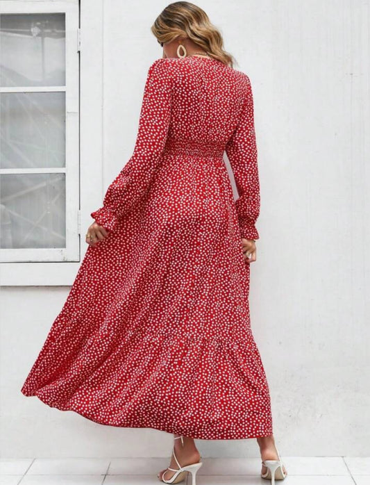 Stylish Flowy Dotted Maxi Dress with Long Sleeves -Free Shipping