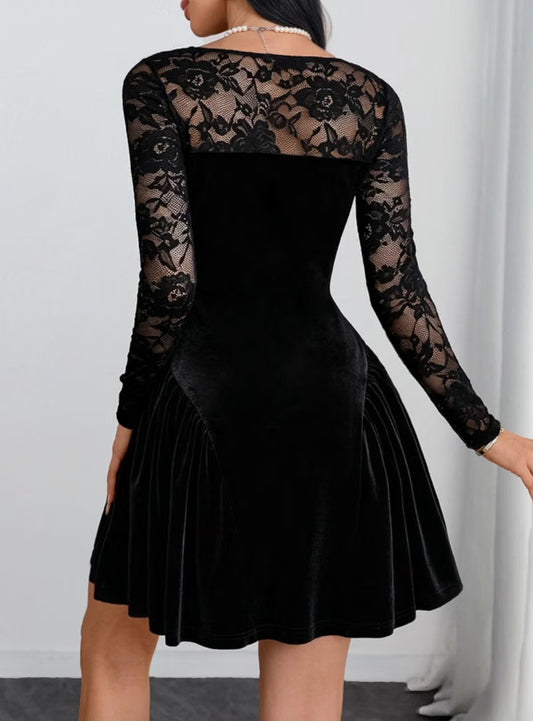 Chic Black Lace Long Sleeve Mini Short Fit and Flare Dress - Free Shipping