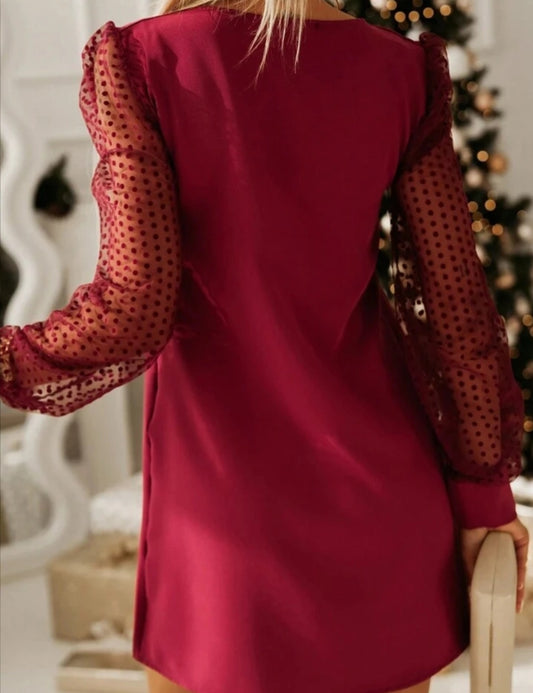 Chic Burgundy Sheer Swiss Dot Lantern Sleeves Knee Length Shift Dress-Free Shipping