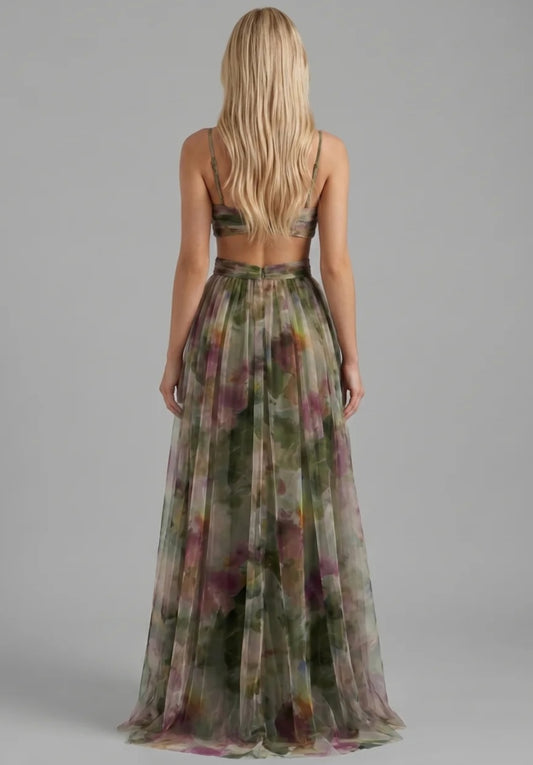 Stylish Floral V-Neck Strap Cut-Out Slit Flowy Maxi Dress-Free Shipping