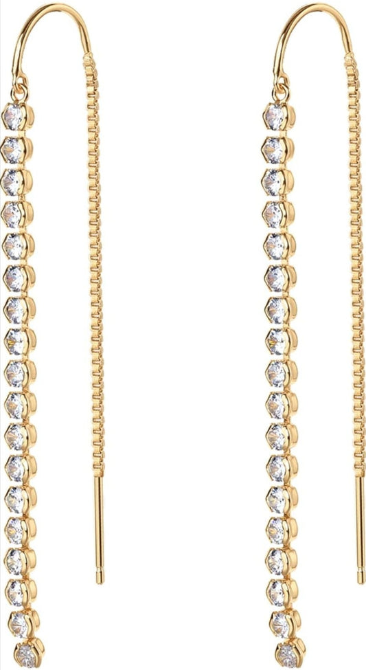 Elegant Dangle Drop Cubic Zirconia 14K GP Push Back Threader Earrings – Free Shipping