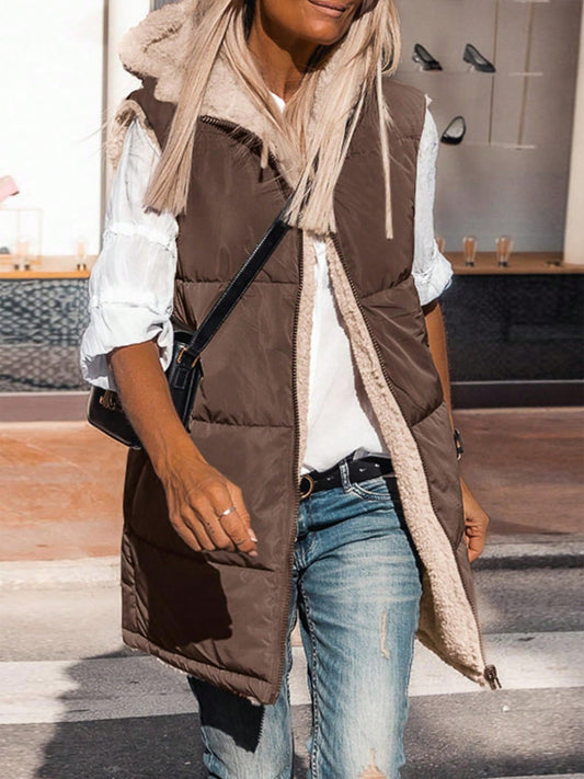 Cozy Chic Brown Reversible Sleeveless Vest with Hoodie-Free Shipping