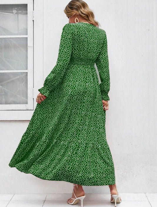 Stylish Flowy Green Dotted Maxi Dress with Long Sleeves -Free Shipping