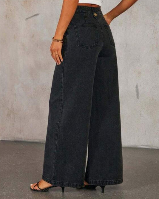 Classic Black Denim High Waisted Wide-Leg Sleeveless Buttoned Vest and Pants-Free Shipping