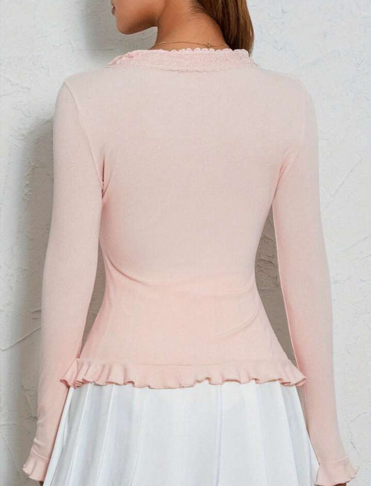 Trendy Pink Ribbed Lace Trim Ruffled Long Sleeve Blouse-Free Shipping