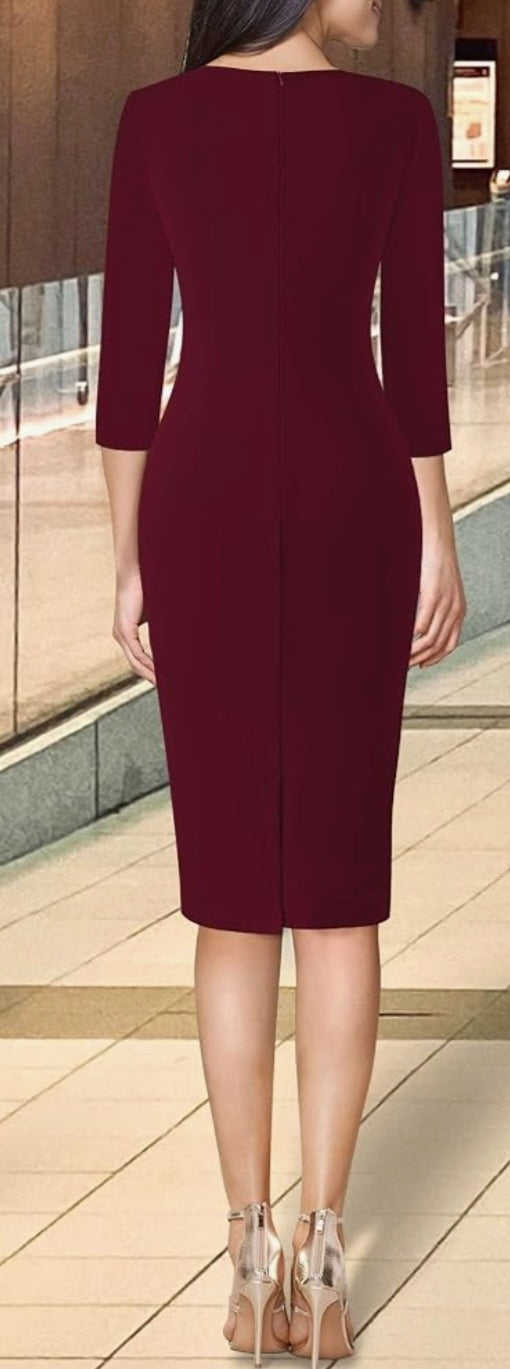 Refined Ruched Three-Quarter Sleeve Slit Bodycon Midi Dress-Free Shipping