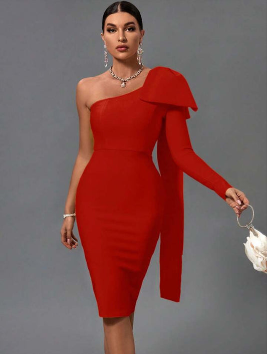 Stylish Red Ruffle Bodycon One-Shoulder Long Sleeve Midi Bandage Dress-Free Shipping