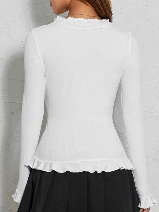 Trendy White Ribbed Lace Trim Ruffled Long Sleeve Blouse-Free Shipping