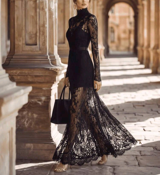 Stylish Black Sheer Lace High-Neck Long Sleeve Fitted Maxi Dress-Free Shipping