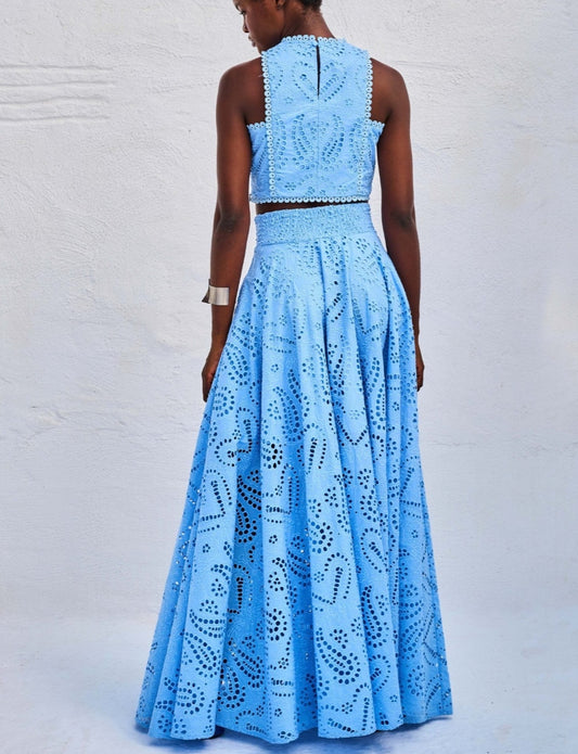 Vintage Sleeveless Pocket Eyelet Two-Piece Maxi Skirt Set - Free Shipping