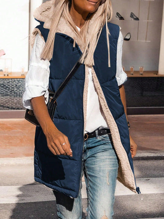 Cozy Chic Navy Blue Reversible Sleeveless Vest with Hoodie-Free Shipping