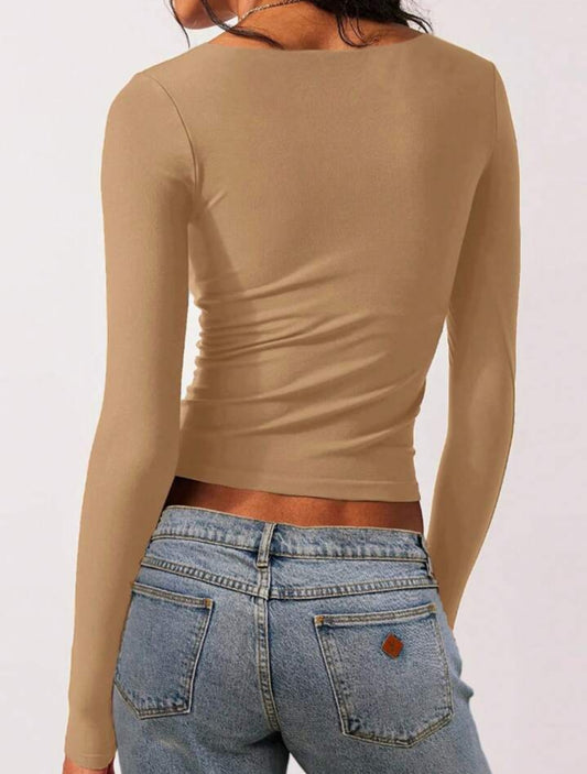 Chic Stylish Square Neck Long Sleeve Fit Crop Top-Free Shipping