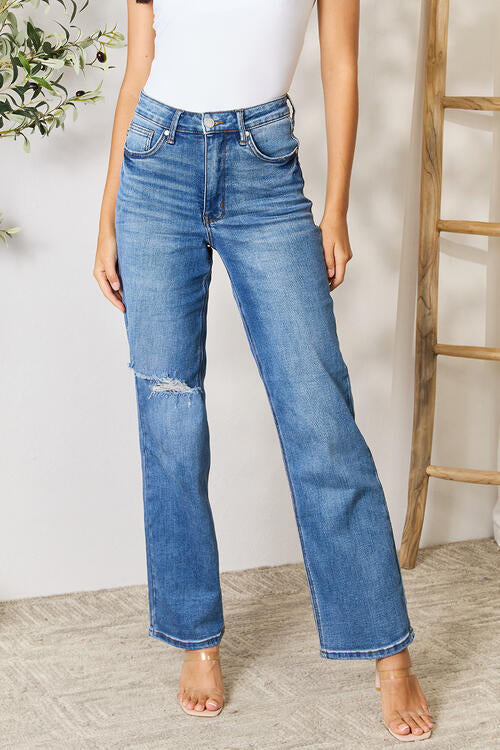 Chic High-Waist Distressed Jeans - Full Size Range for Trendy Comfort
