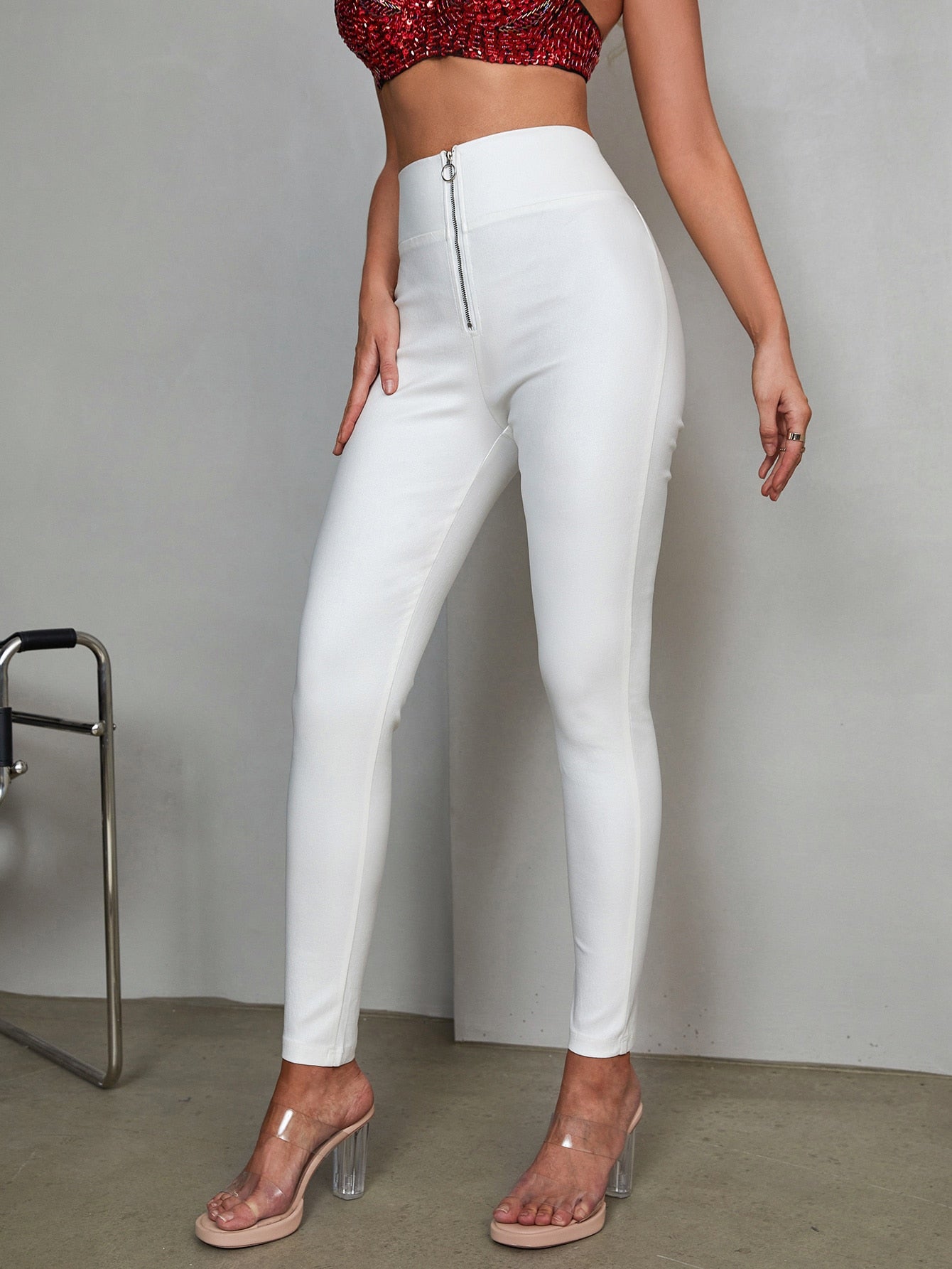 High-Waist Stretchy Zipper Front Thermal Lined PU Leather Ankle Skinny Tapered Pants