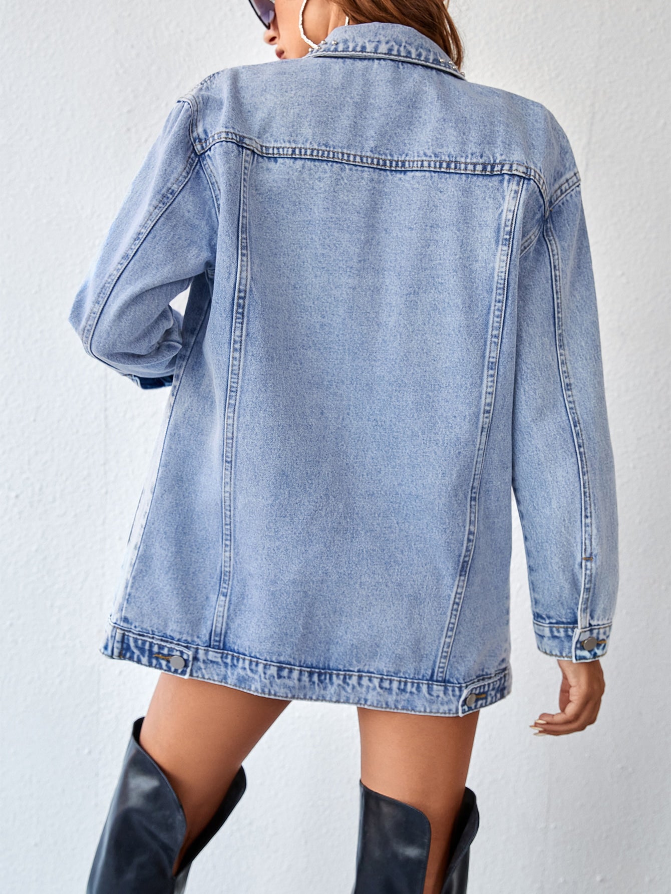 Edgy Elegance: Ripped Drop Shoulder Denim Coat with Pearls Beaded Detail