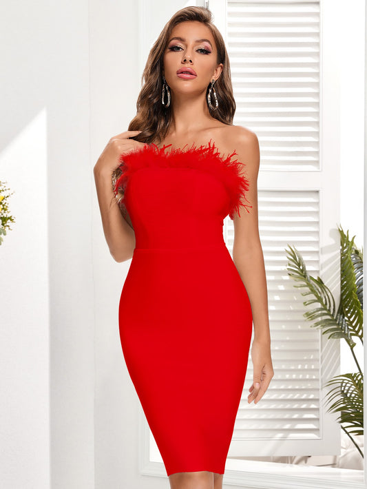 Feather Trim Form-fitting Strapless Dress