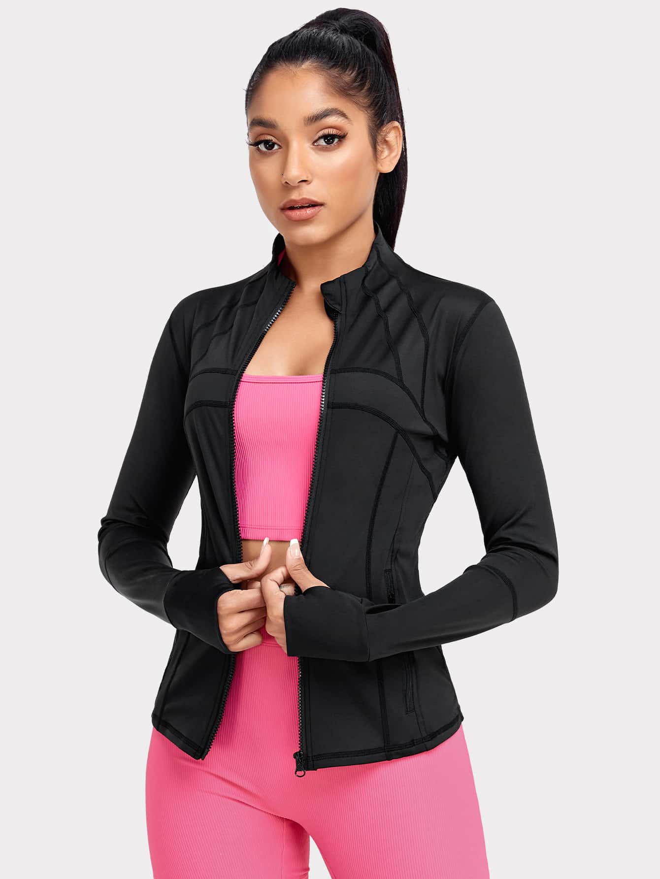 Women's Athletic Sports Jacket: Dual Zip Pockets & Thumb Hole Design