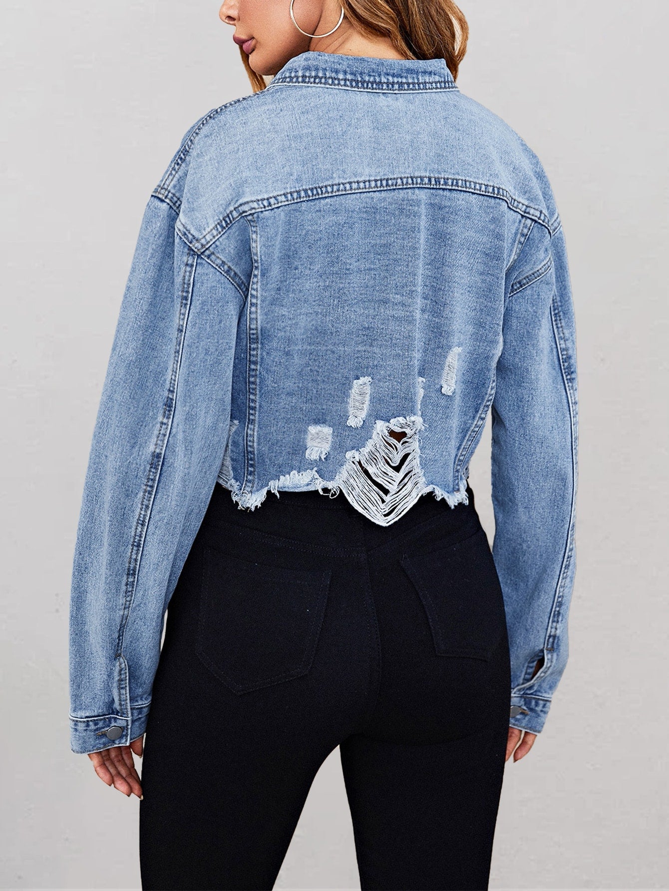 Chic Pearl Embellished Denim Jacket with Raw Hem - Embrace the Sophisticated Edge