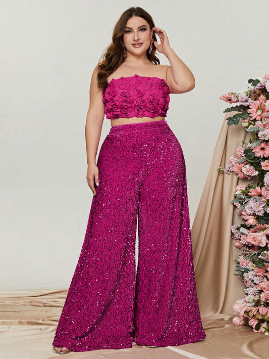 Effortlessly Chic: Plus Size Bandeau Top with Wide Leg Sequin Pants