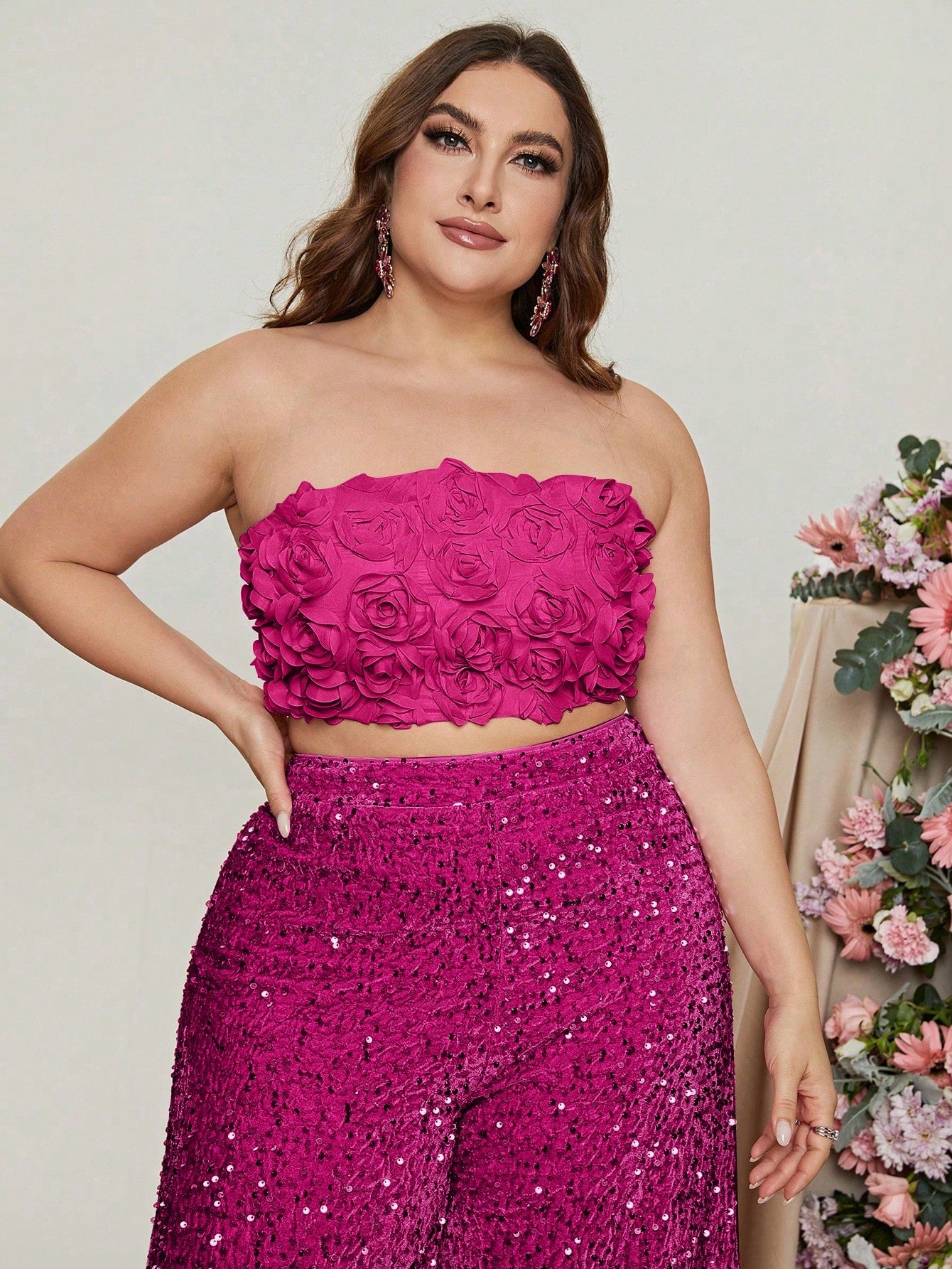 Effortlessly Chic: Plus Size Bandeau Top with Wide Leg Sequin Pants