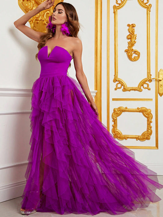 Regal Strapless Evening Gown with Flowing Mesh Overlay