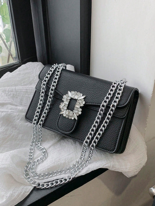 Sparkling Elegance: Rhinestone-Decorated Square Bag with Flap and Black Chain Strap