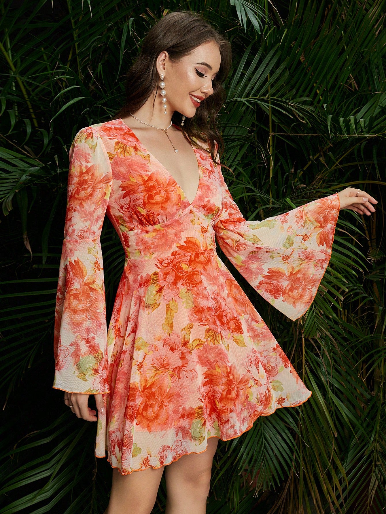 Elegantly Floral V-Neck Flounce Sleeve Fit & Flare Silhouette Dress