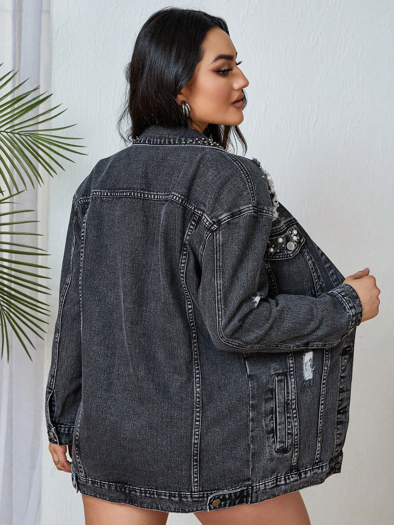 Edgy Elegance: Ripped Drop Shoulder Denim Coat with Pearls Beaded Detail