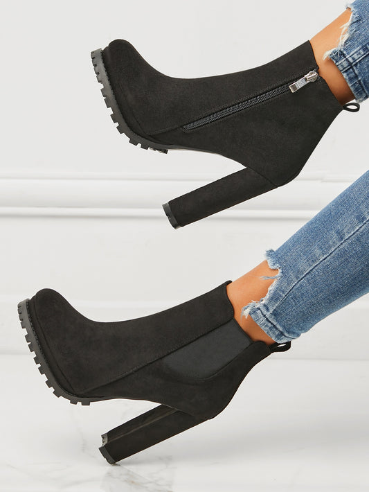 Women's Black Side Zipper Chunky Heel Chelsea Boots, Elegant Winter Ankle Boots