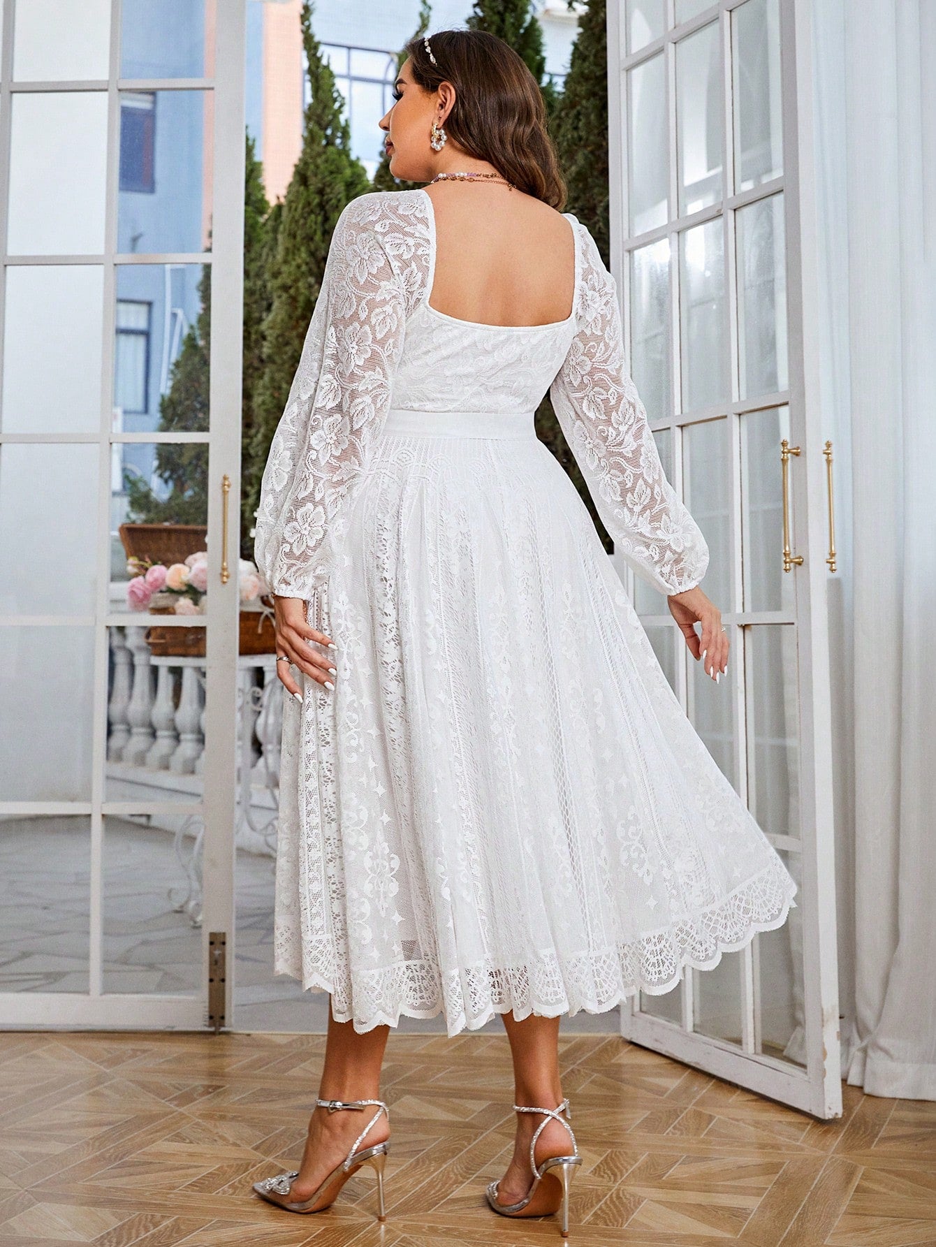 Plus Size Elegant Sweetheart Neck Lace Lantern Sleeve Belted Waist Fit & Flare Dress