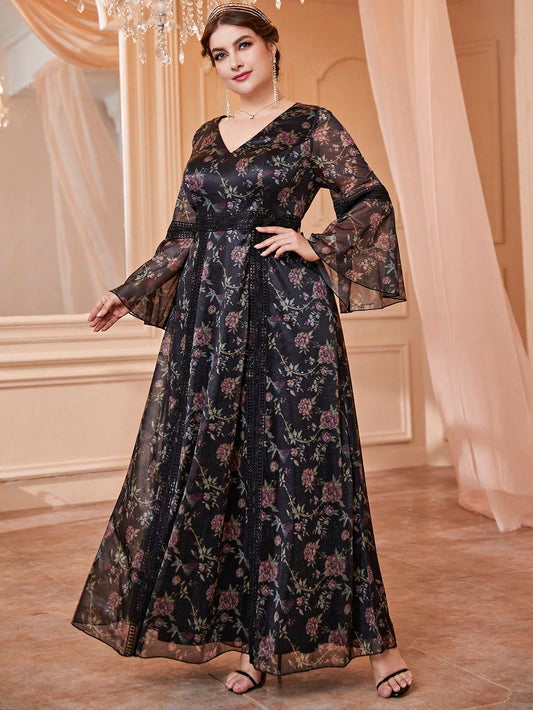 Simply Stunning: Plus Floral Print Flounce Sleeve Mesh Formal Dress