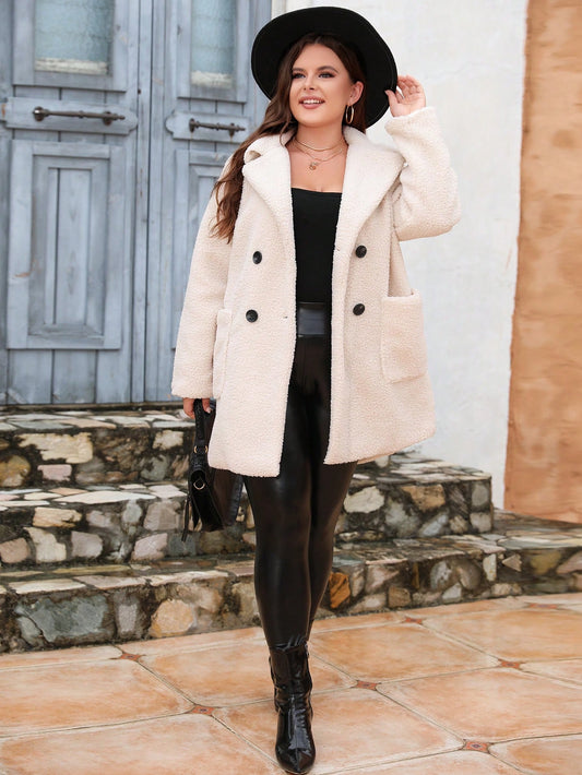 Double Breasted Dual Pocket Plus Size Teddy Coat
