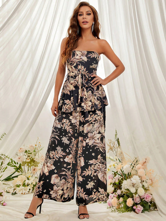 Chic Black Floral Print Layered Belted Strapless Jumpsuit