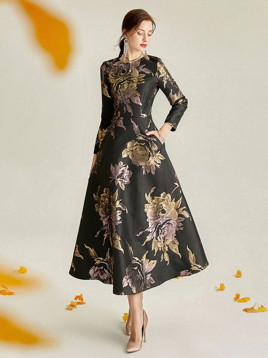Enchanting Blooms:Fancy Floral Print Hidden Pocket Dress