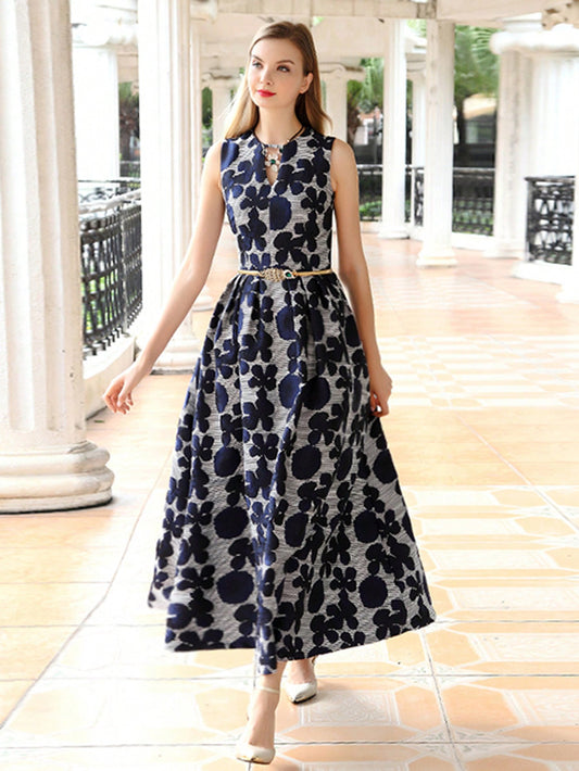 Elegant Floral Sleeveless Midi A-Line Dress(Belt Not Included)