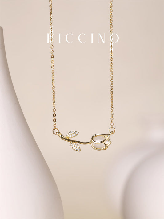 Gold-Plated Tulip Necklace with Cubic Zirconia and Pearl Pendant – A Delicate Elegant Statement for any Occasion w/Box