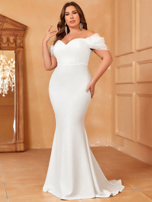 Elegant Plus Size Wedding Dress: Off Shoulder Tulle Mesh Detail, Mermaid Design, Maxi Gown