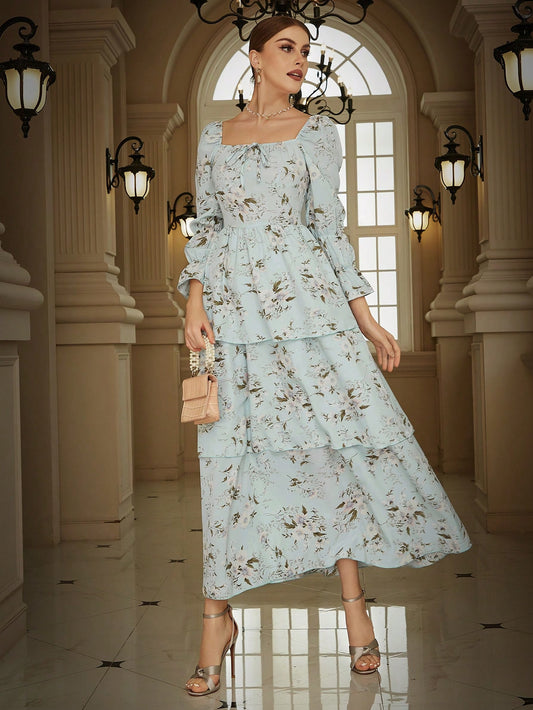 Elegant Floral Print Dress with Flounce Sleeves, Ruffle Trim, and Tie Front