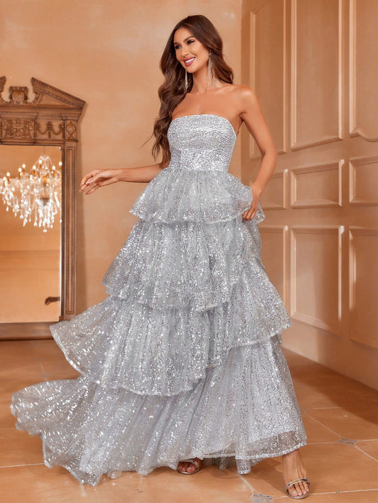 Stunning Layer Sequin Strapless Dress: Prom, Bridesmaid, Wedding Guest