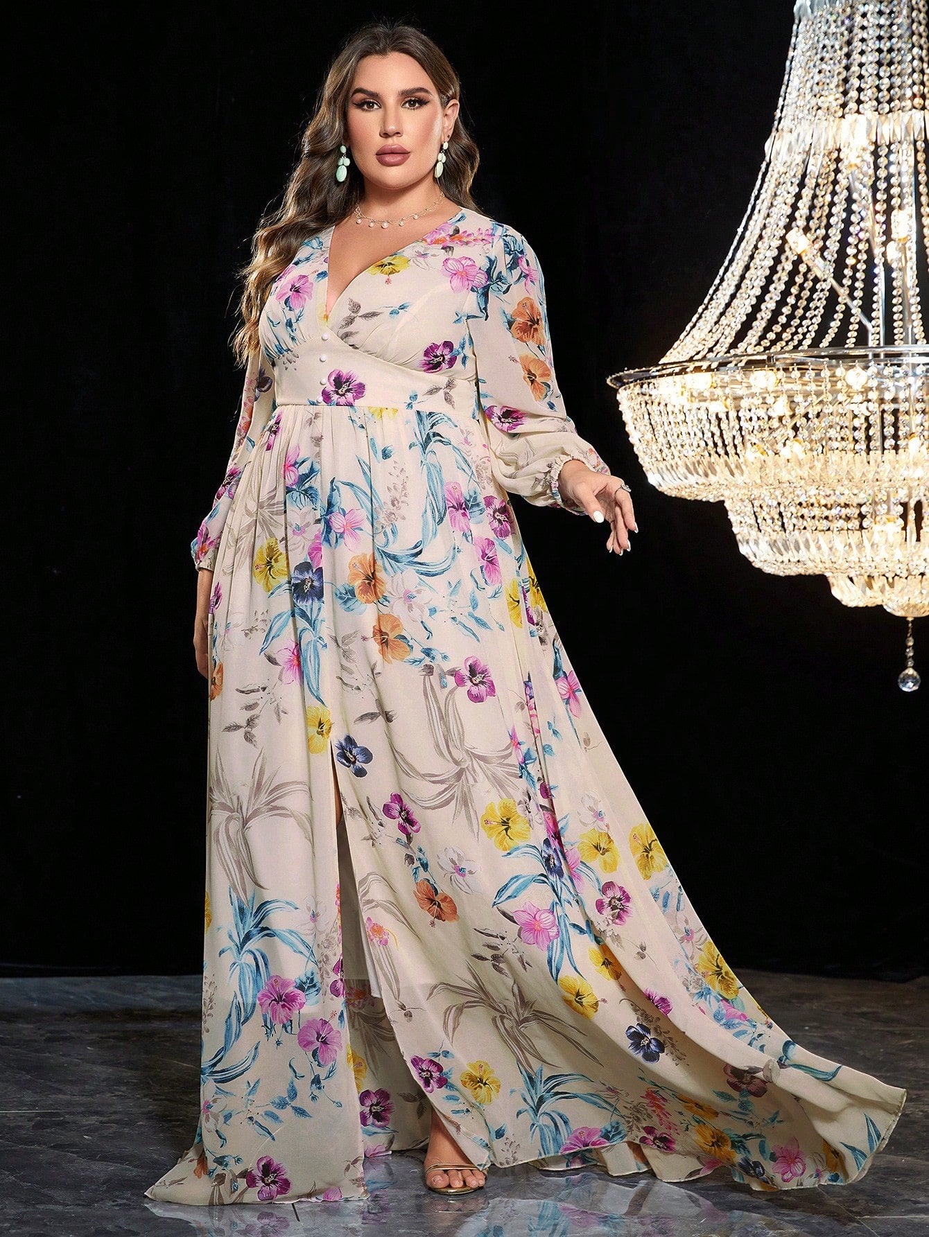 Enchanting Blooms: Plus-size Floral Print Lantern Sleeve Chiffon Dress with Split Thigh Detail
