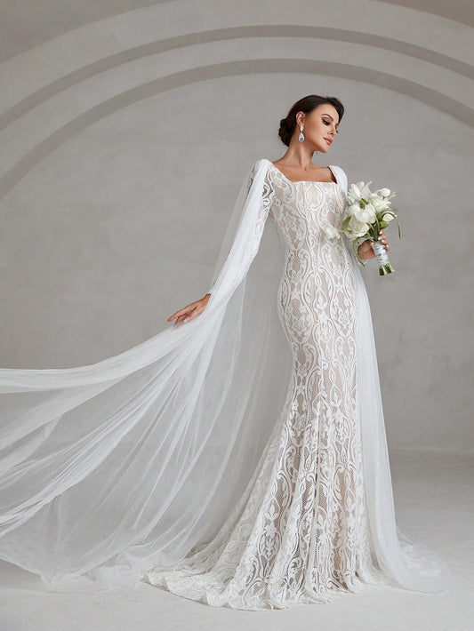 Enchanting Elegance: Square Neck Low Open Back Floor-Length Lace Wedding Dress