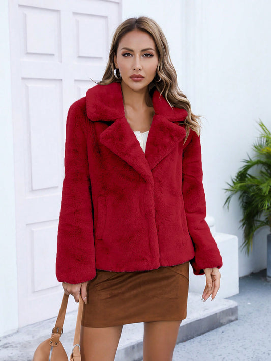 Fashionably Cozy: Lapel Neck Open Front Red Faux Fur Coat for a Trendy Winter Wardrobe