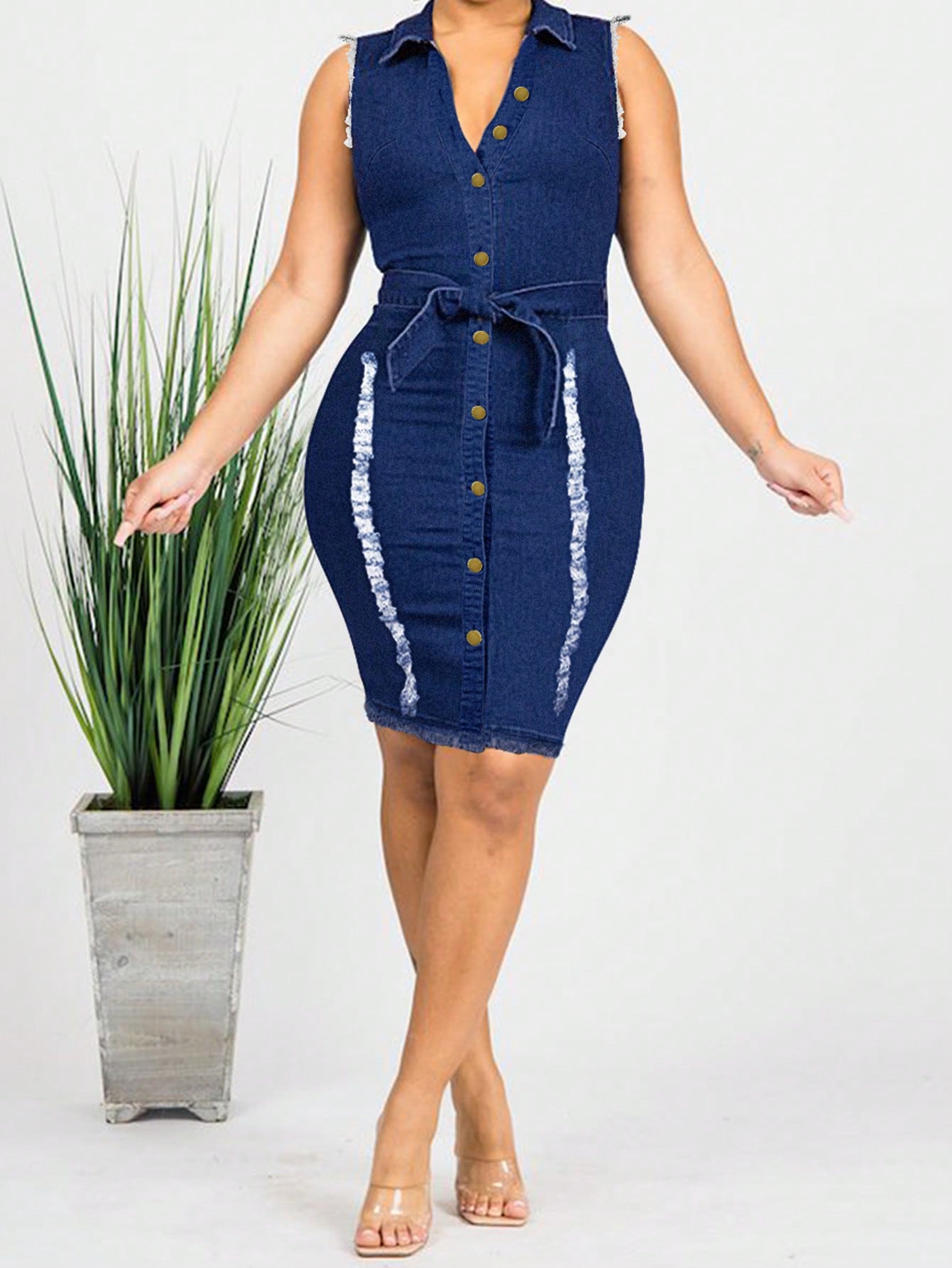 Chic and Trendy: Button Front Belted Denim Dress for Effortless