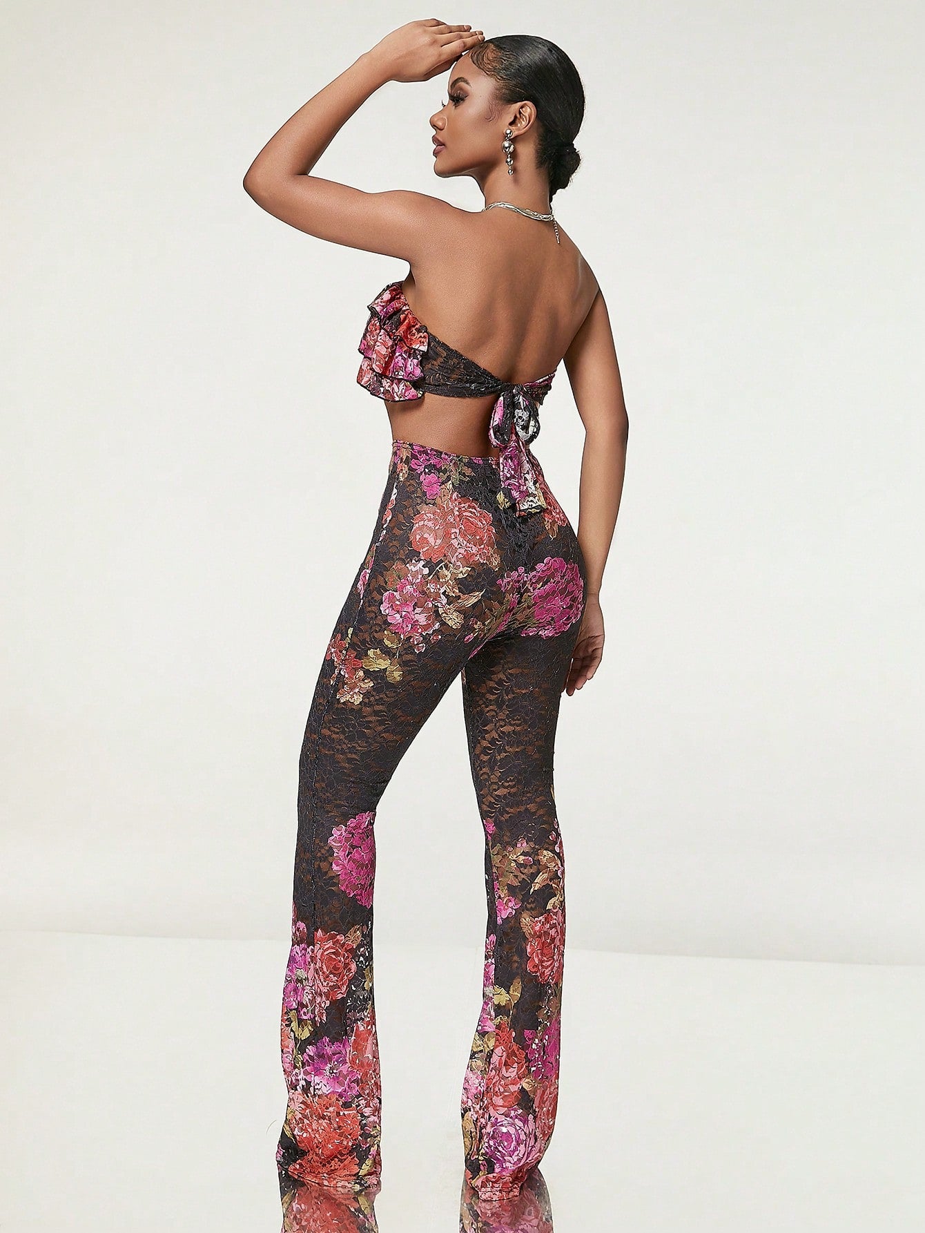 Effortless Elegance: Floral Print Strapless Top & Flare Leg Pants Set