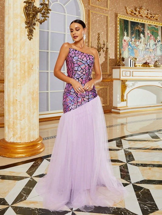 Stunning Asymmetrical Mosaic Sequin Dress: Strapless with Mesh Hem Long Gown
