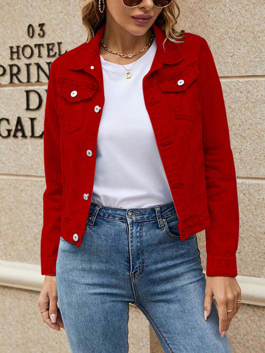 Classic Cool: Flap Pocket Button Front Red Denim Jacket