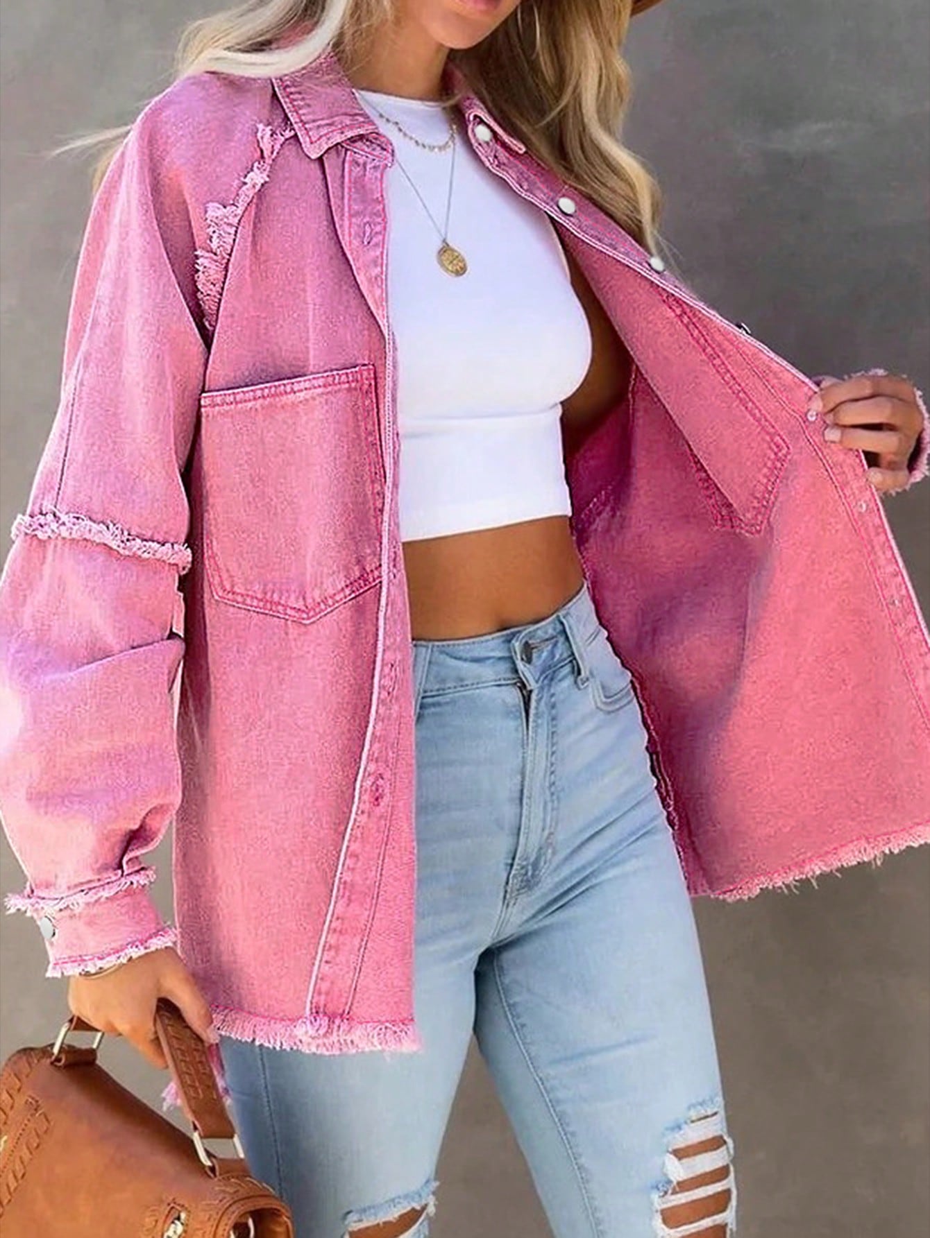 Raw Trim Raglan Sleeve Pink Denim Coat: Effortlessly Stylish Outerwear