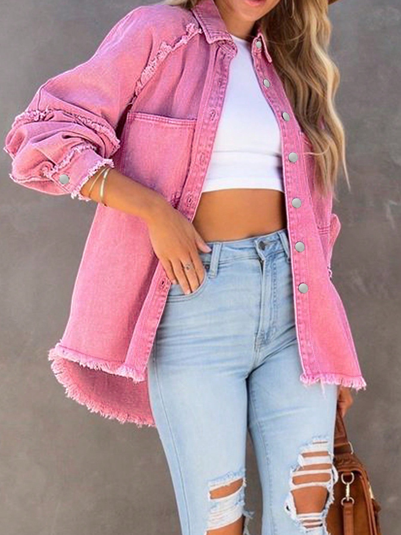 Raw Trim Raglan Sleeve Pink Denim Coat: Effortlessly Stylish Outerwear