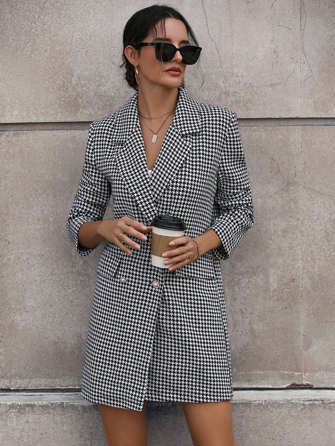 Chic Black and White Double-Breasted Blazer and Skirt Combo for Effortless Elegance